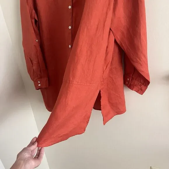Tahari Linen Button Up Tunic Top Sz 3X Orange Lagenlook Lagom Long Sleeve Boho - Picture 9 of 10